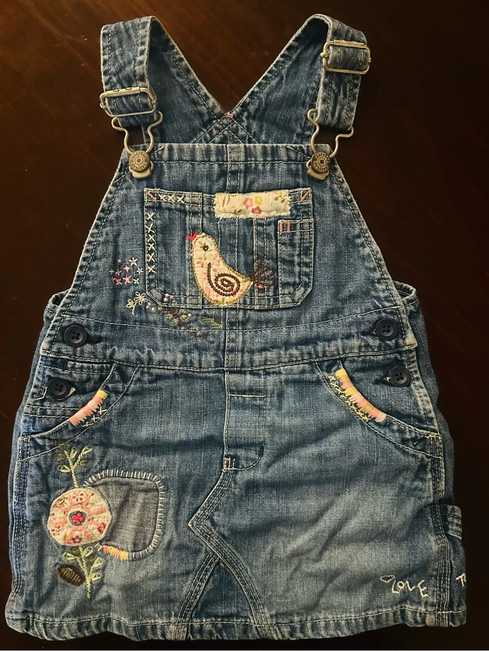 Girl’s Baby GAP Denim Overall Dress with Embroidered Accents - Blue